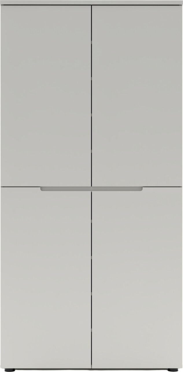 Witte, minimalistische kast met vier deuren en een greep in het midden, gezien van voren.