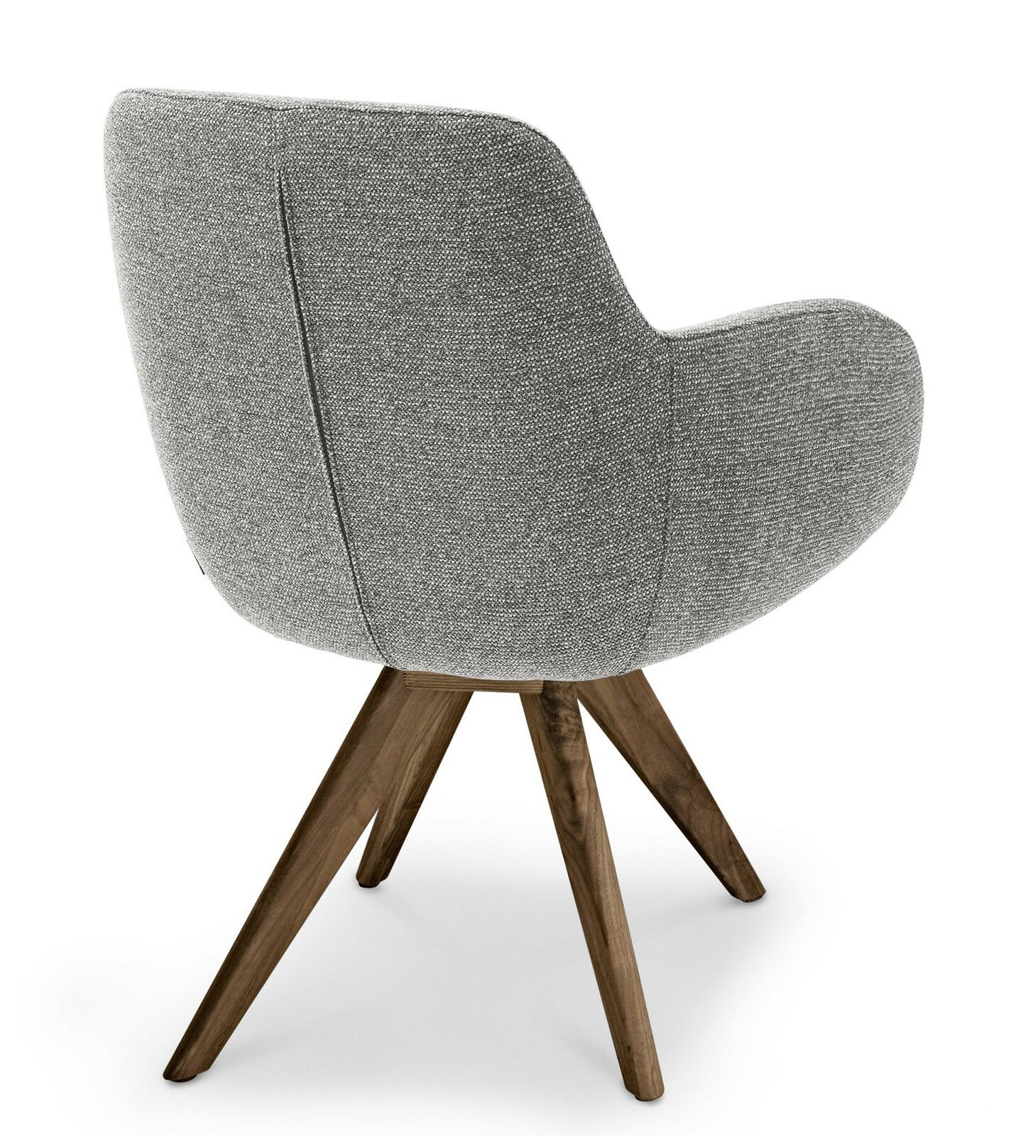 Rückansicht eines grauen Armlehnstuhls mit Holzbeinen