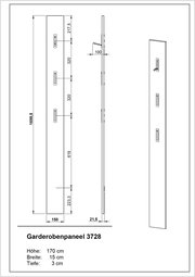 Garderobenpaneel in Seitenansicht und Vorderansicht mit Maßen: Höhe 170 cm, Breite 15 cm, Tiefe 3 cm.