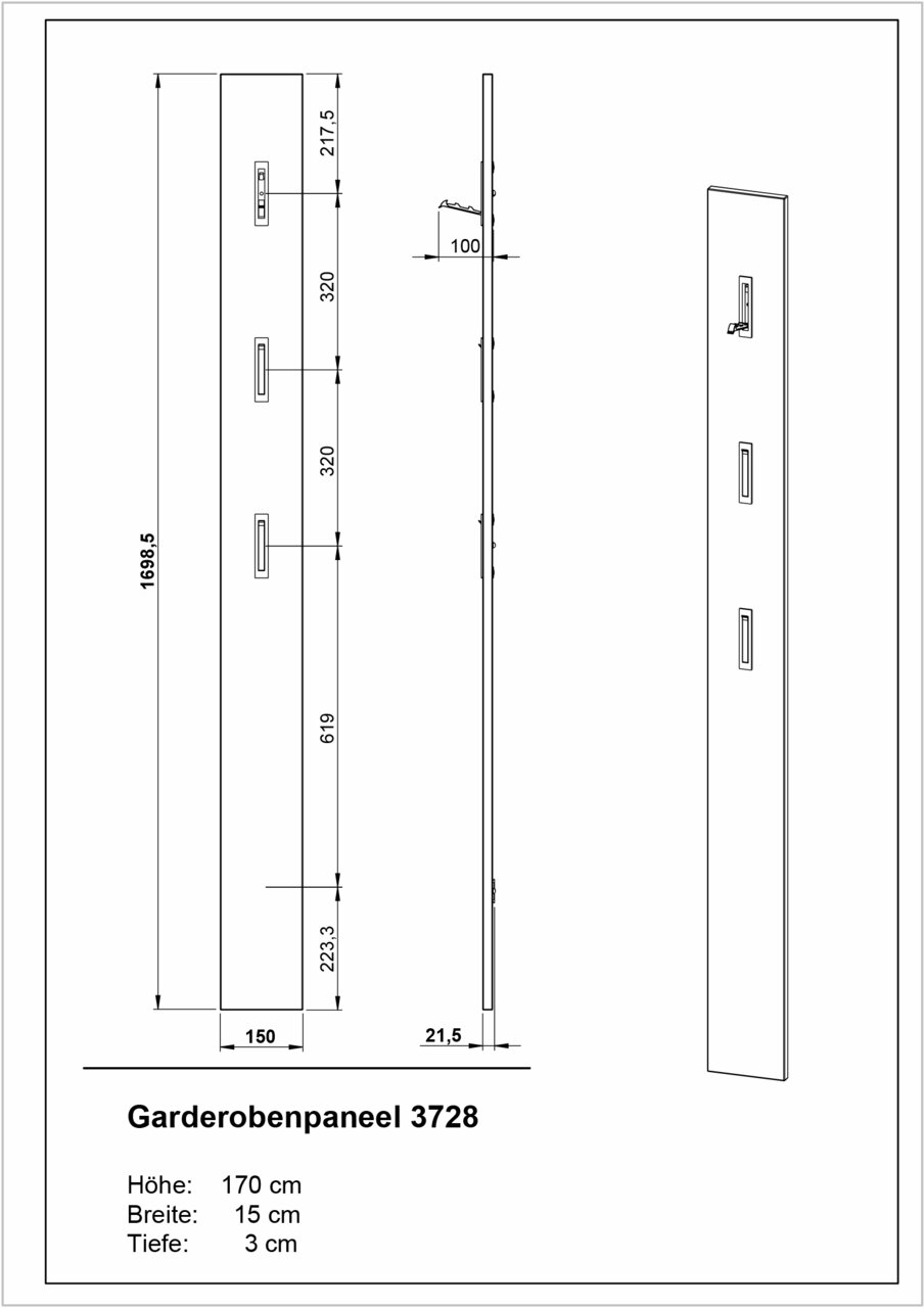 Garderobenpaneel in Seitenansicht und Vorderansicht mit Maßen: Höhe 170 cm, Breite 15 cm, Tiefe 3 cm.