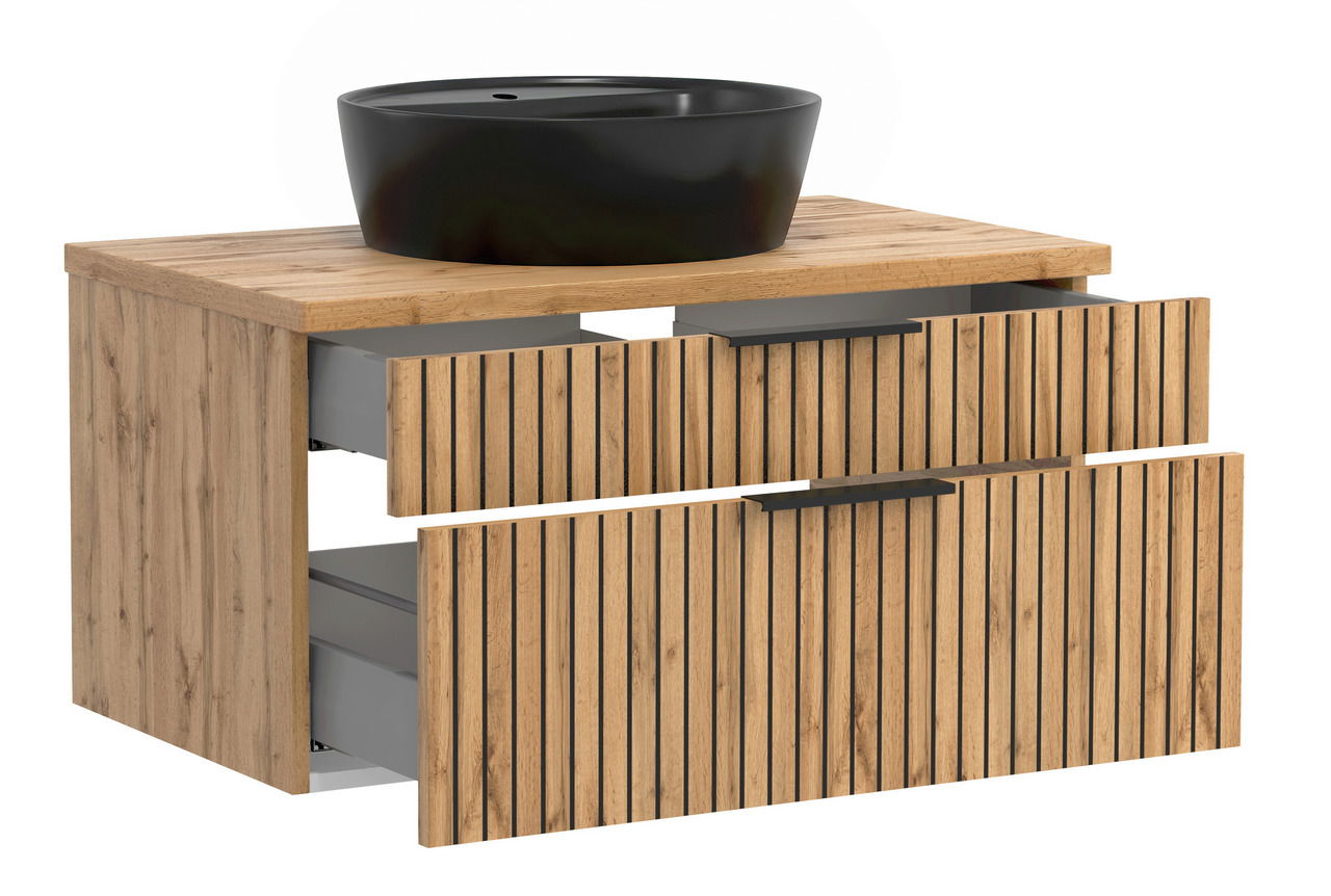 Waschtisch-Set 80 cm mit schwarzem Aufsatzbecken und Holzoptik, seitliche Perspektive
