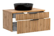 Waschtisch-Set 80 cm mit schwarzem Aufsatzbecken und Holzoptik, seitliche Perspektive