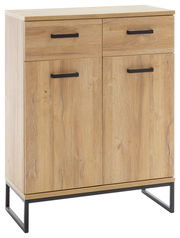 Moderner Schuhschrank aus Holz mit zwei Schubladen und zwei Türen, schwarze Griffe, Frontansicht