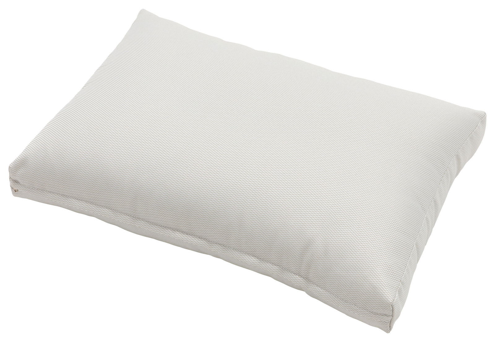Beiges rechteckiges Kissen in Nahaufnahme, leicht von der Seite betrachtet.