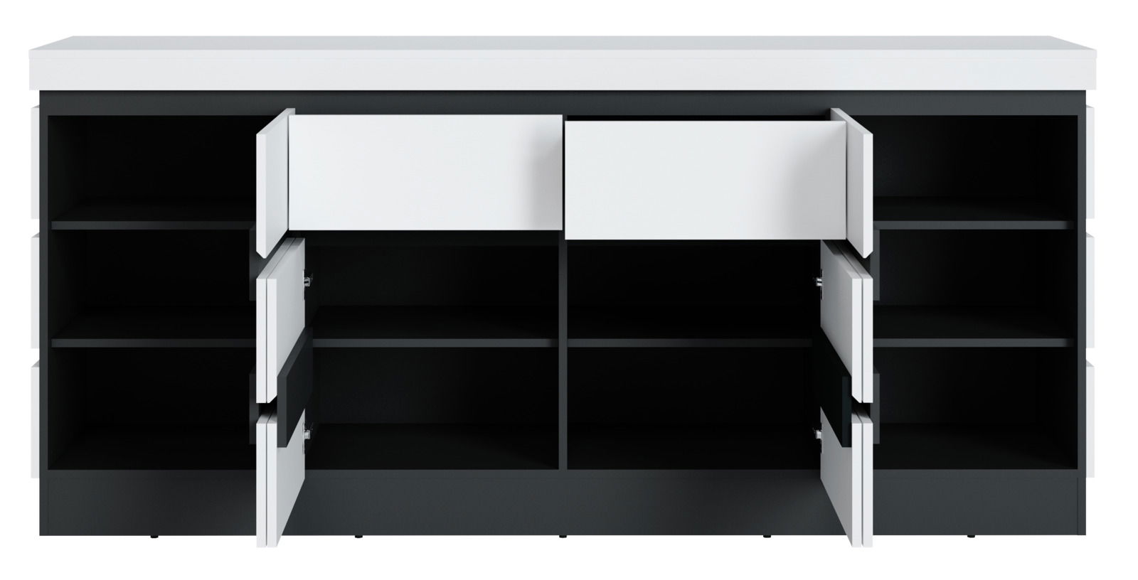 Frontale Ansicht eines modernen Sideboards mit offenen Türen und Schubladen, schwarz-weißes Design.