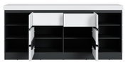 Frontale Ansicht eines modernen Sideboards mit offenen Türen und Schubladen, schwarz-weißes Design.