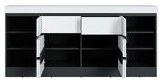 Frontale Ansicht eines modernen Sideboards mit offenen Türen und Schubladen, schwarz-weißes Design.