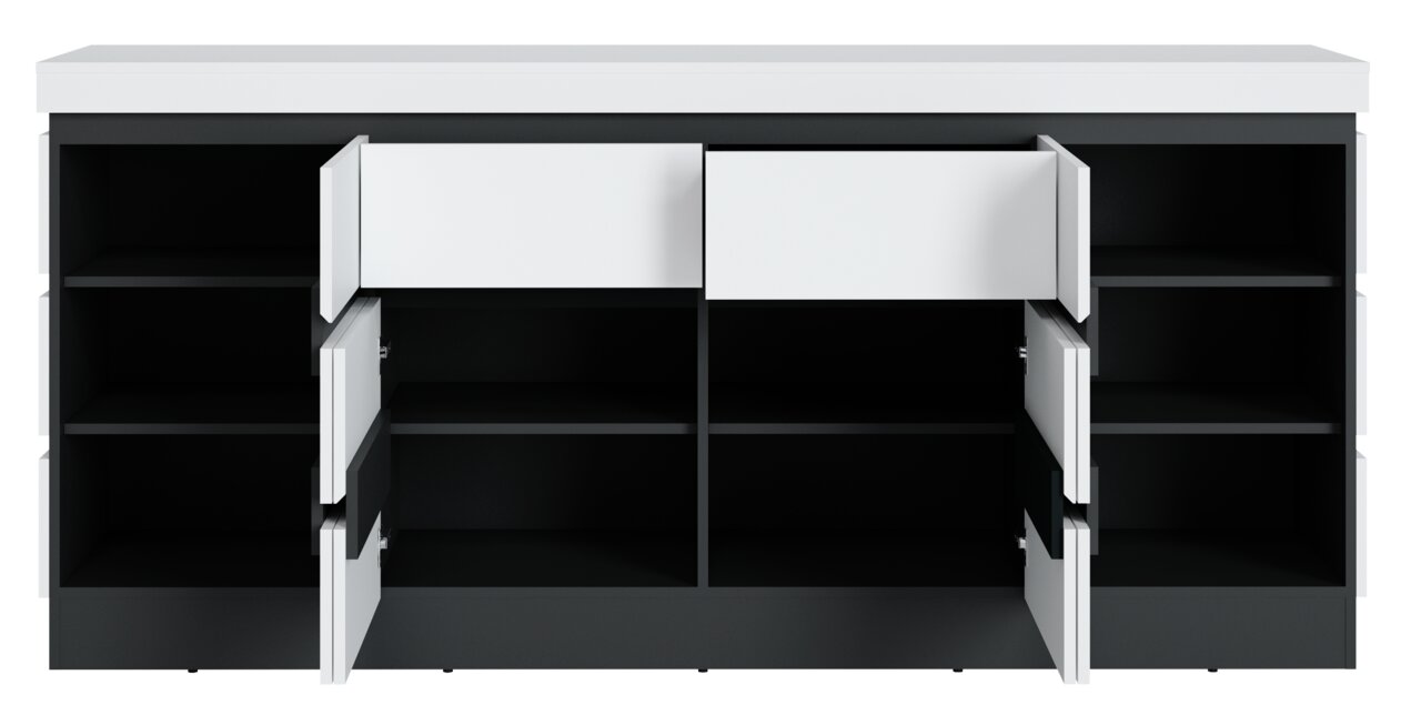 Frontale Ansicht eines modernen Sideboards mit offenen Türen und Schubladen, schwarz-weißes Design.