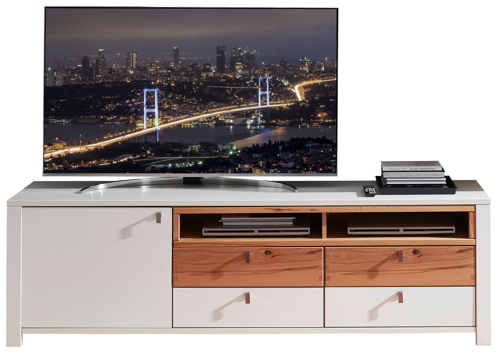 TV-Unterteil in moderner Holz- und Weißoptik mit Schubladen und Fächern, frontal fotografiert