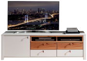 TV-Unterteil in moderner Holz- und Weißoptik mit Schubladen und Fächern, frontal fotografiert