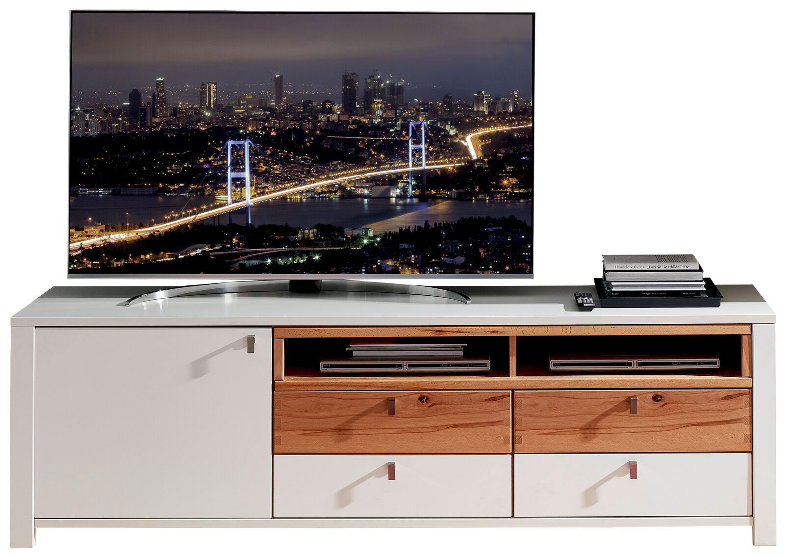 TV-Unterteil in moderner Holz- und Weißoptik mit Schubladen und Fächern, frontal fotografiert