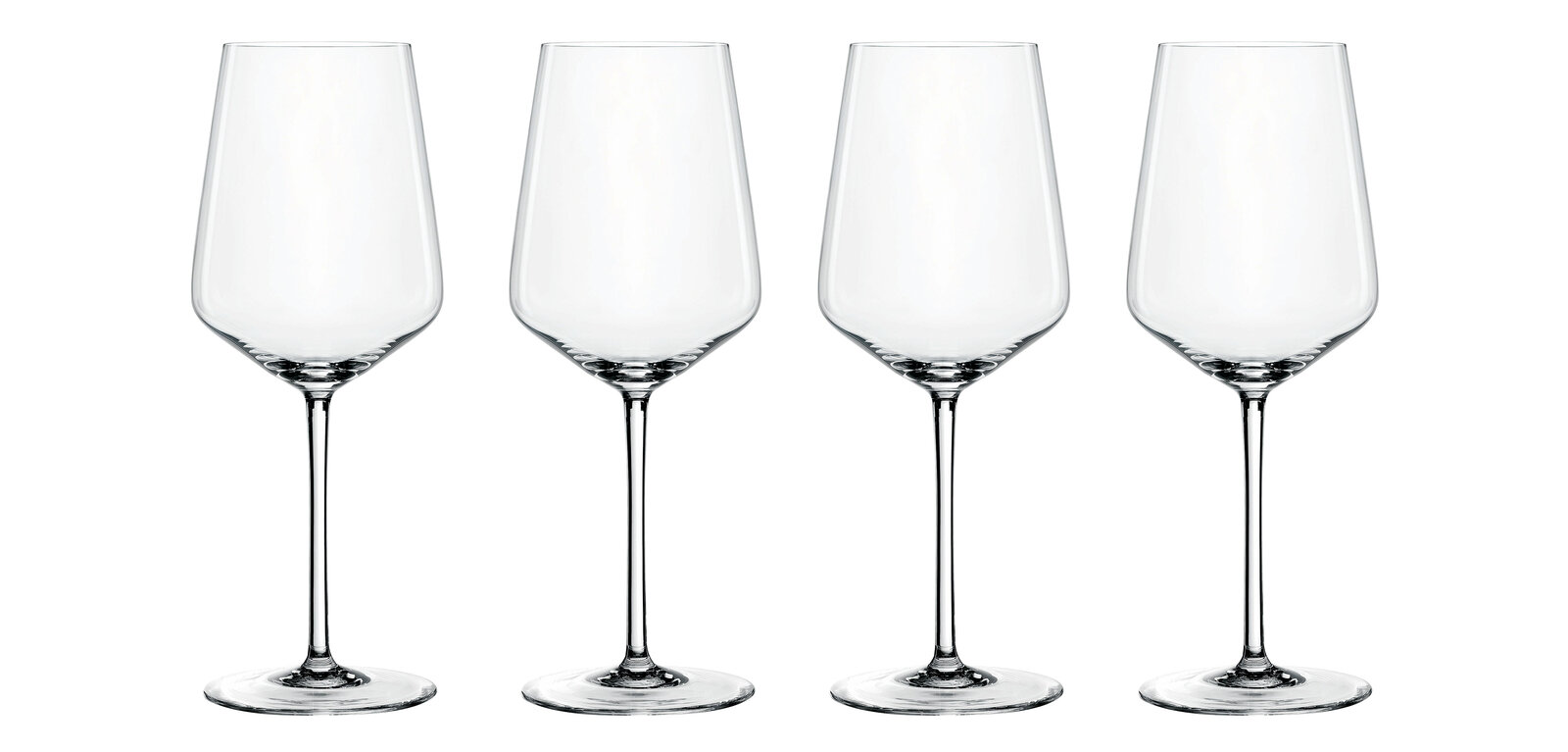 Vier elegante Weißweingläser im Set, frontal abgebildet.