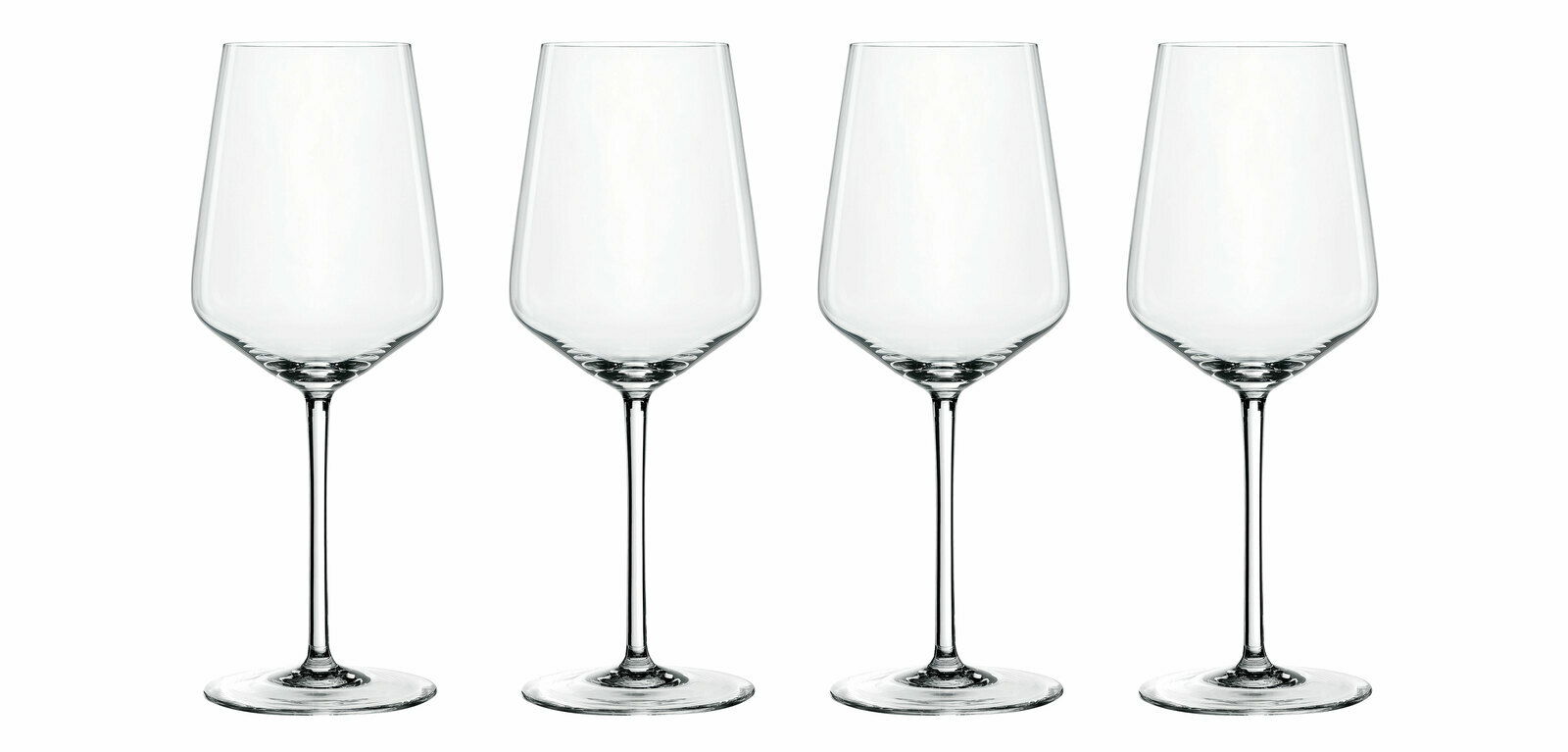 Vier elegante Weißweingläser im Set, frontal abgebildet.