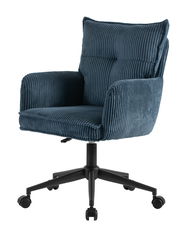 Blauer Drehstuhl mit geripptem Stoffbezug, seitliche Perspektive