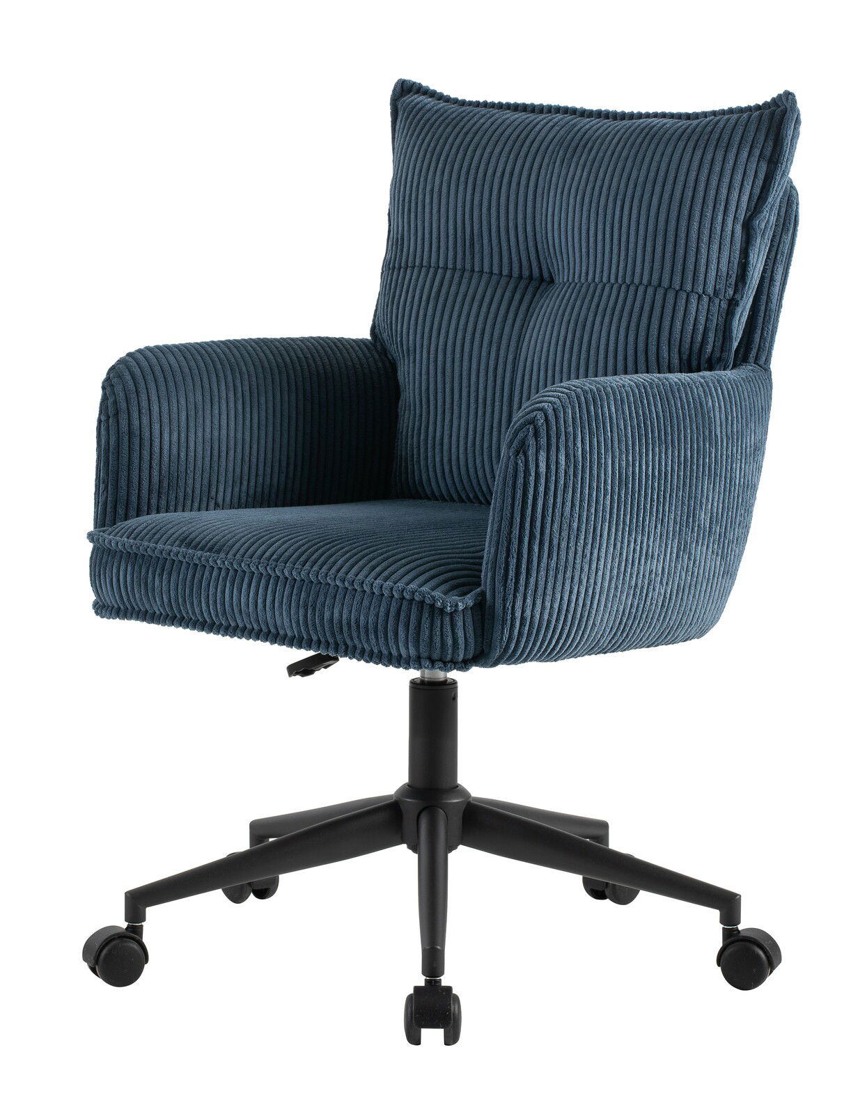 Blauer Drehstuhl mit geripptem Stoffbezug, seitliche Perspektive