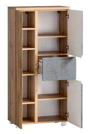 Midischrank 65 cm mit geöffneter Tür und Schublade, Holzoptik, seitliche Perspektive