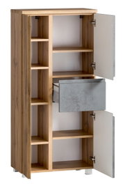 Midischrank 65 cm mit geöffneter Tür und Schublade, Holzoptik, seitliche Perspektive