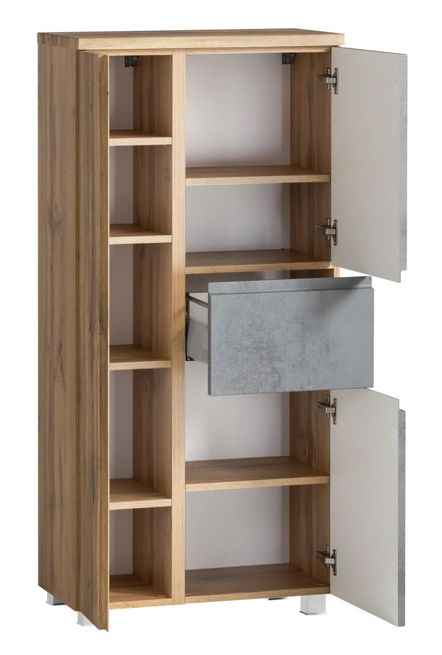 Midischrank 65 cm mit geöffneter Tür und Schublade, Holzoptik, seitliche Perspektive