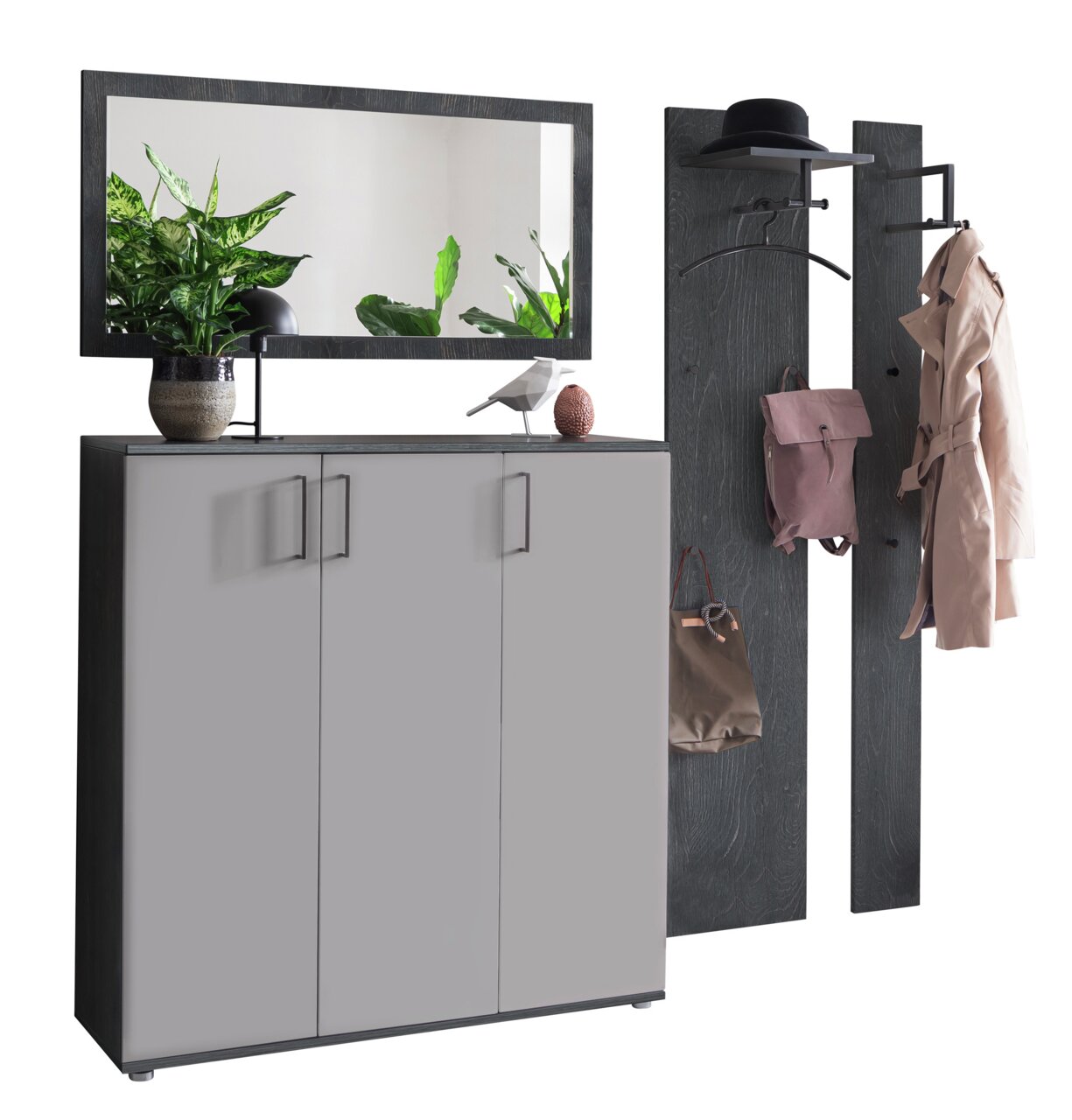 Garderobenkombination mit Spiegel, Schrank und Wandpaneelen, seitliche Perspektive