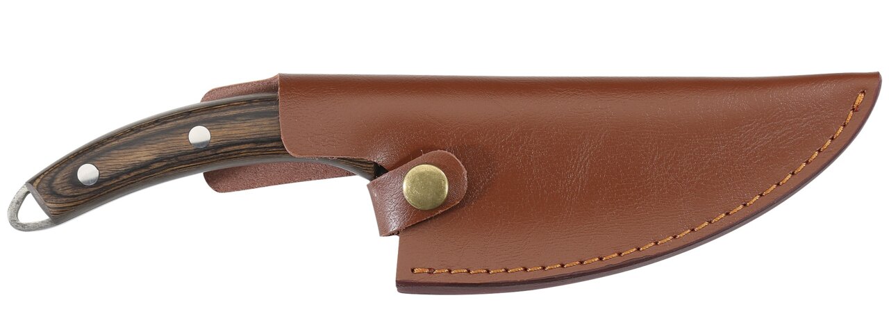 Kochmesser RANGER 15 cm mit Holzgriff und brauner Lederscheide, seitliche Ansicht