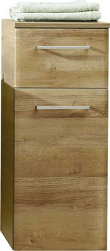 Holz-Unterschrank mit zwei Schubladen, frontal betrachtet, mit Handtüchern obenauf