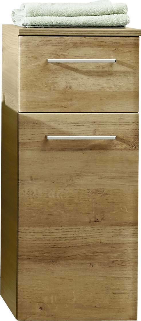 Holz-Unterschrank mit zwei Schubladen, frontal betrachtet, mit Handtüchern obenauf