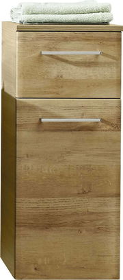 Holz-Unterschrank mit zwei Schubladen, frontal betrachtet, mit Handtüchern obenauf