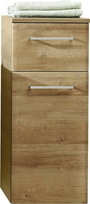 Holz-Unterschrank mit zwei Schubladen, frontal betrachtet, mit Handtüchern obenauf