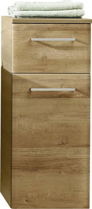 Holz-Unterschrank mit zwei Schubladen, frontal betrachtet, mit Handtüchern obenauf