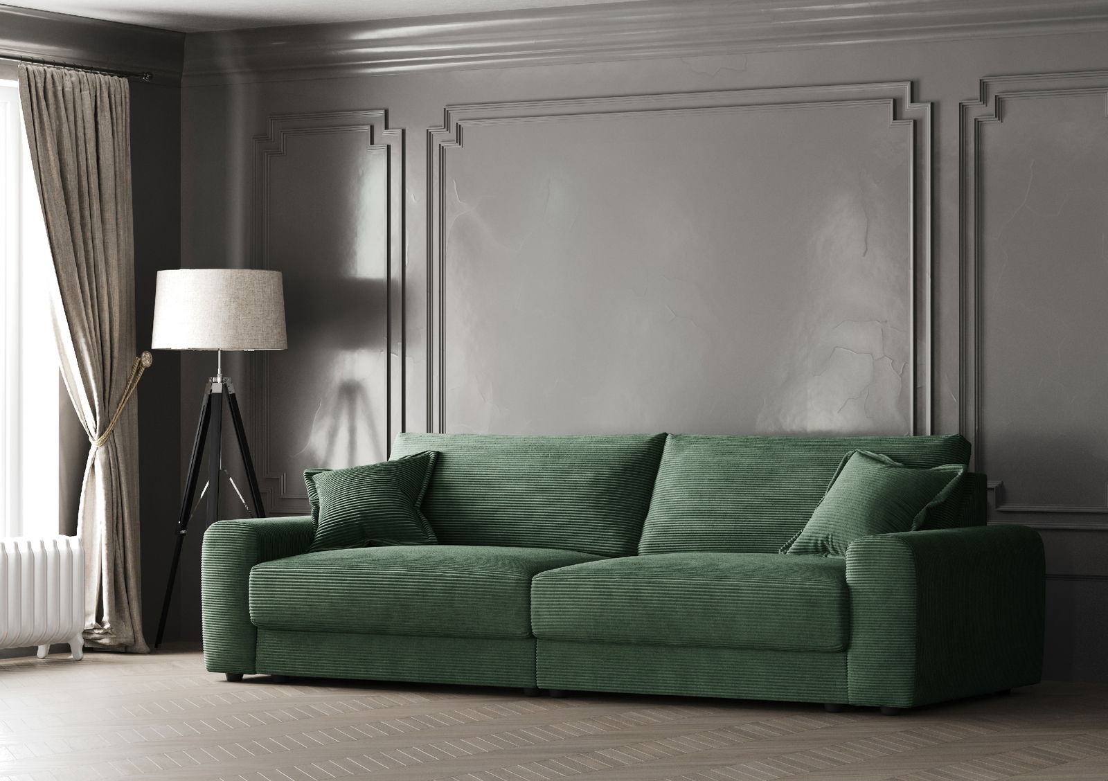 Grünes Big-Sofa in einem eleganten Wohnzimmer mit grauer Wandverkleidung, seitliche Perspektive.
