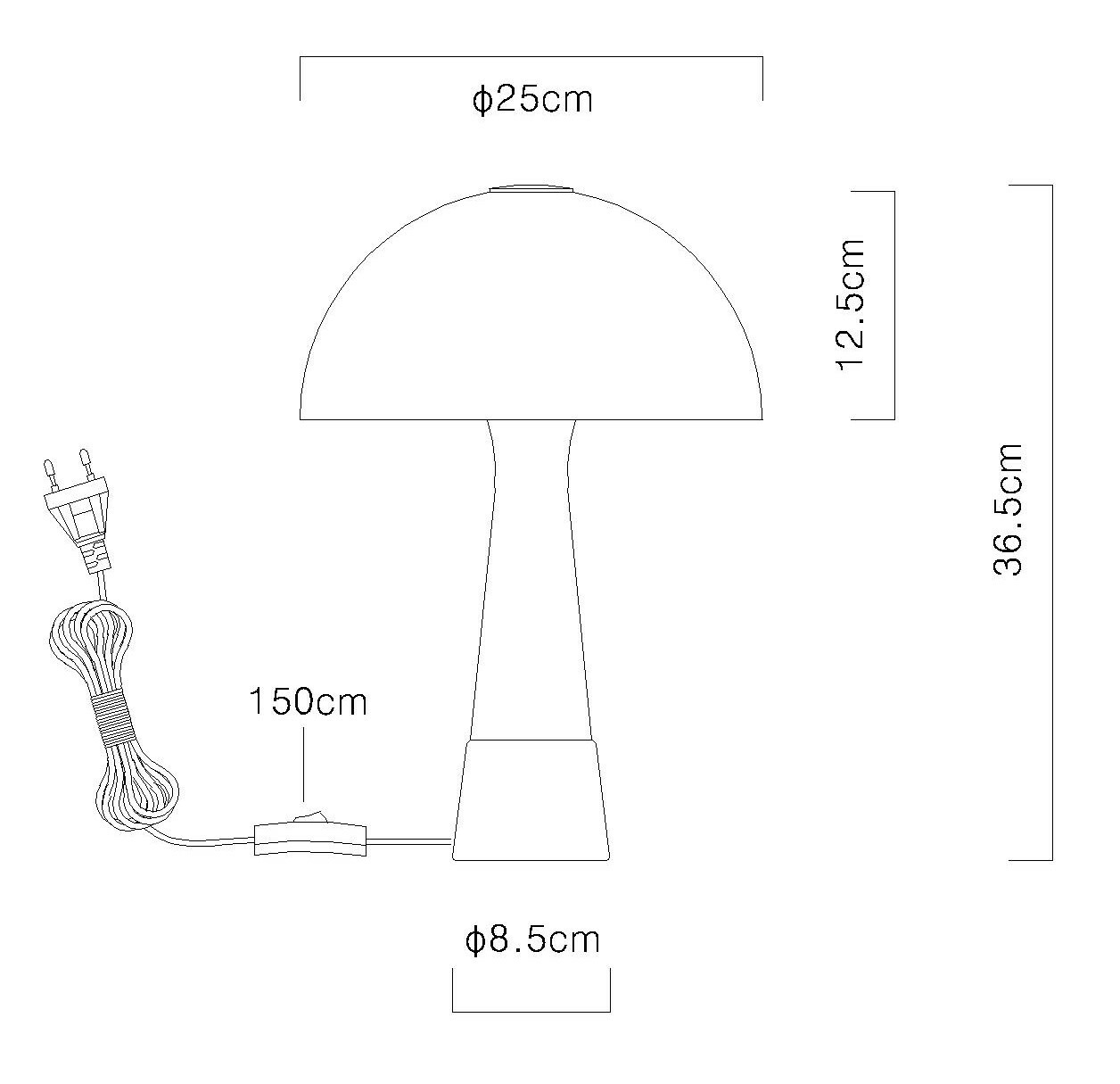 Seitenansicht einer Tischleuchte mit einem runden Schirm von 25 cm Durchmesser und einem konischen Fuß. Gesamthöhe 36,5 cm, Kabel 150 cm lang.