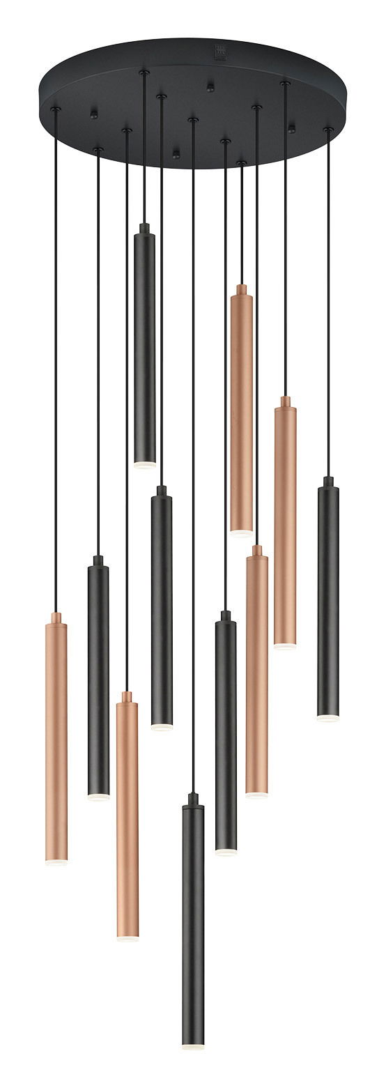 Moderne Pendelleuchte CALINA mit mehreren zylindrischen Anhängern in Schwarz und Kupfer, von unten betrachtet.