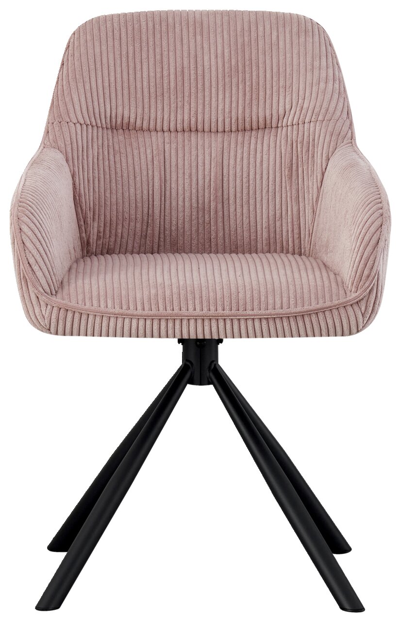 Vorderansicht eines modernen Armlehnstuhls mit rosa Samtbezug und schwarzen Metallbeinen.