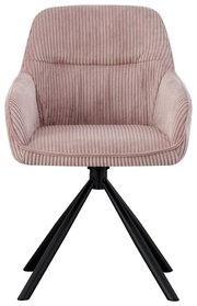 Vorderansicht eines modernen Armlehnstuhls mit rosa Samtbezug und schwarzen Metallbeinen.