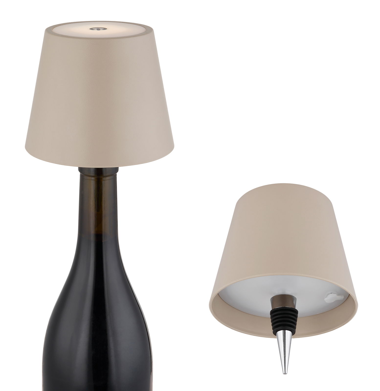 Akku-Tischleuchte VANNIE 3 in Beige, gezeigt aus zwei Perspektiven: auf einer Flasche montiert und von unten mit Flaschenverschluss.
