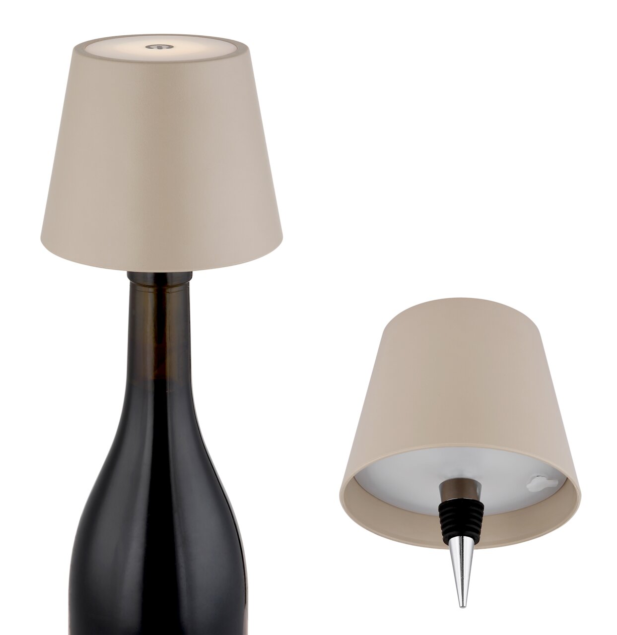 De VANNIE 3-tafellamp op accu in beige, afgebeeld vanuit twee perspectieven: gemonteerd op een fles en van onderaf gezien met de dop erop.
