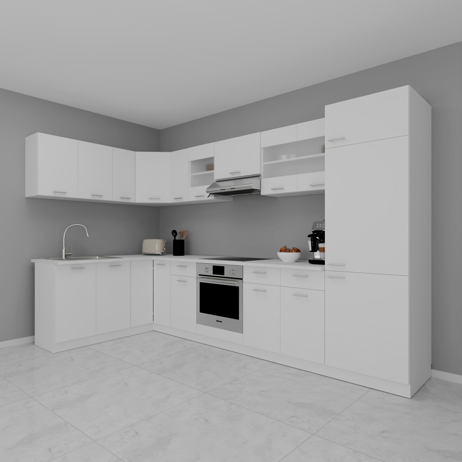 Moderne L-förmige Einbauküche in Weiß mit Ober- und Unterschränken, Spüle, Backofen und Dunstabzugshaube, fotografiert aus leicht erhöhter Frontansicht schräg von links.