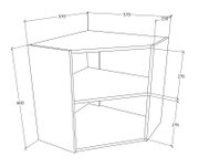 Technische Strichzeichnung eines Eckregals/Eckschranks mit zwei Ablageböden und Maßangaben (u. a. 570 mm, 600 mm, 290 mm, 276 mm), dargestellt in perspektivischer Ansicht von schräg vorne oben.