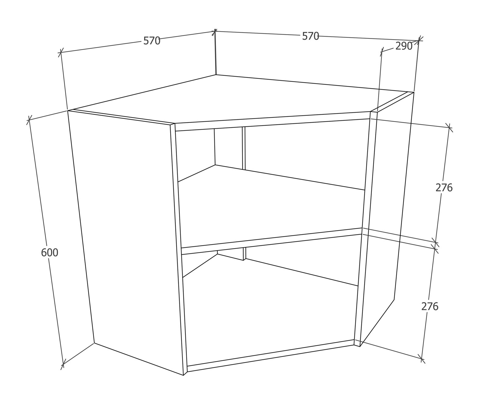 Technische Strichzeichnung eines Eckregals/Eckschranks mit zwei Ablageböden und Maßangaben (u. a. 570 mm, 600 mm, 290 mm, 276 mm), dargestellt in perspektivischer Ansicht von schräg vorne oben.