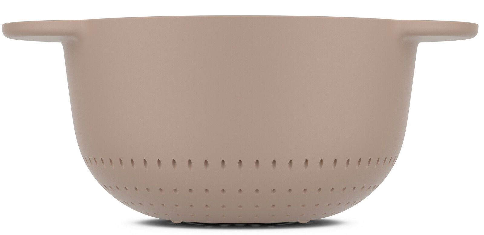 Beiger Seiher aus Kunststoff mit seitlichen Griffen, seitliche Perspektive