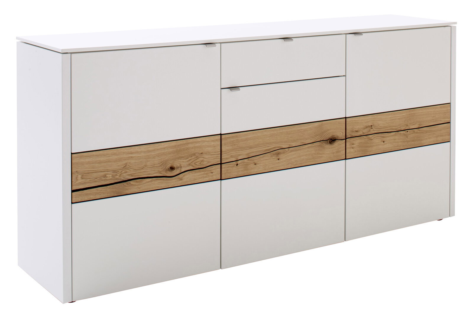 Modernes Sideboard in Weiß mit Holzdekor, seitliche Perspektive