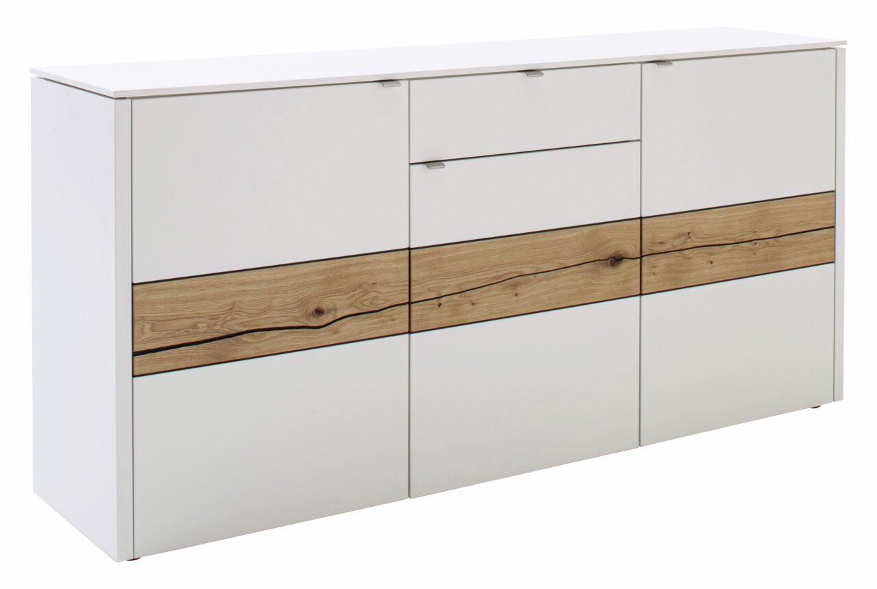 Modern dressoir in wit met houtdecor, zijaanzicht