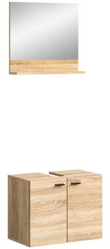 Waschbeckenunterschrank aus Holz in Eichenoptik mit zwei Türen und schwarzen Griffen, frontal abgebildet.