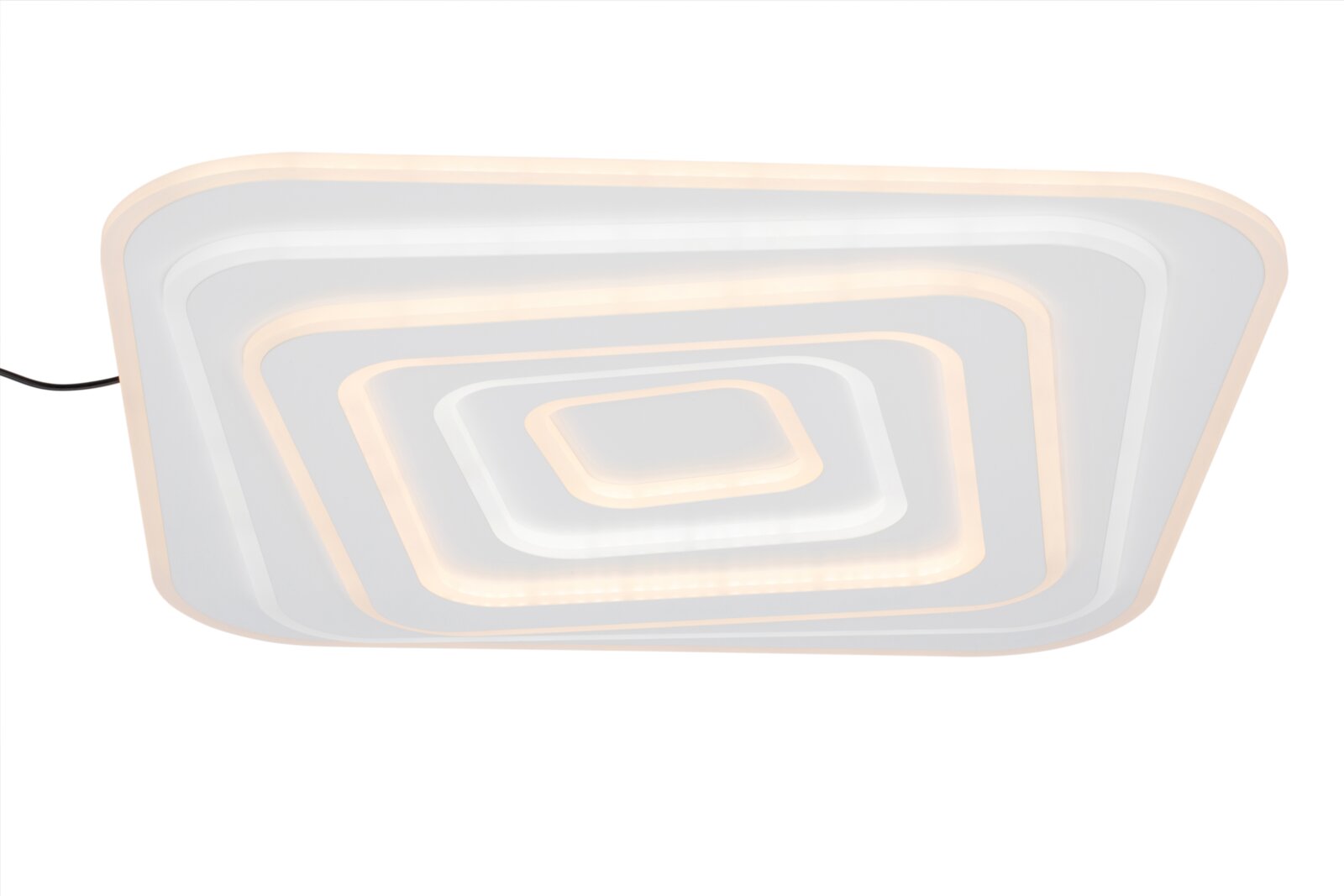 Moderne rechteckige LED-Deckenleuchte in Weiß mit konzentrischen Lichtflächen und warmweißem Leuchten, Ansicht von unten (Unterseite) vor weißem Hintergrund