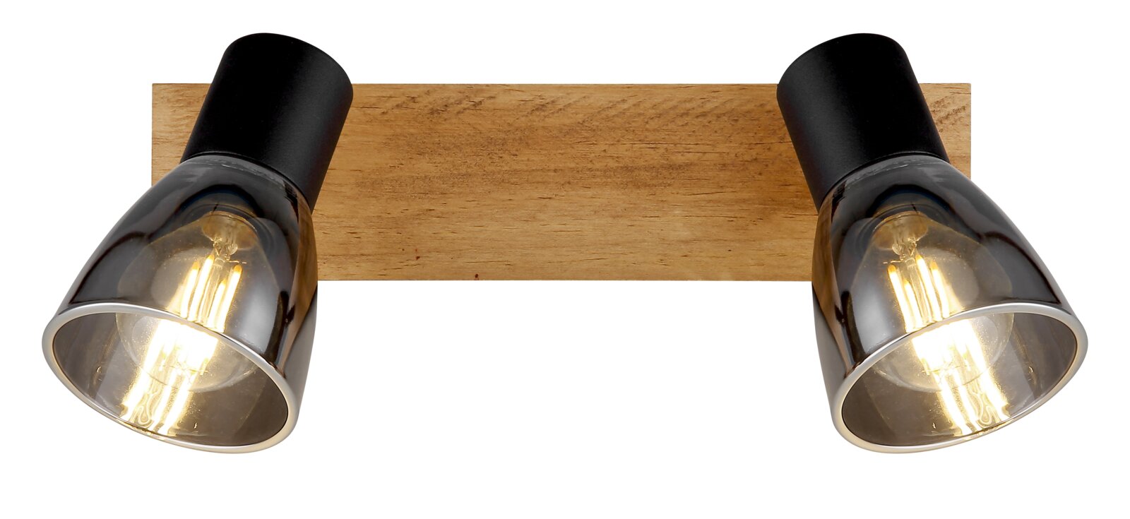 Zweiflammiger Strahler mit Holzhalterung und schwarzen Fassungen, frontal betrachtet