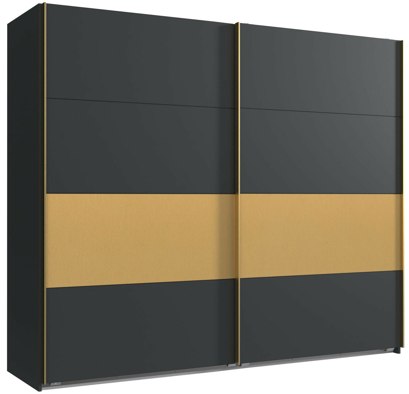 Schwarzer Schwebetürenschrank mit zwei Türen und einem goldenen Streifen in der Mitte, Frontalansicht