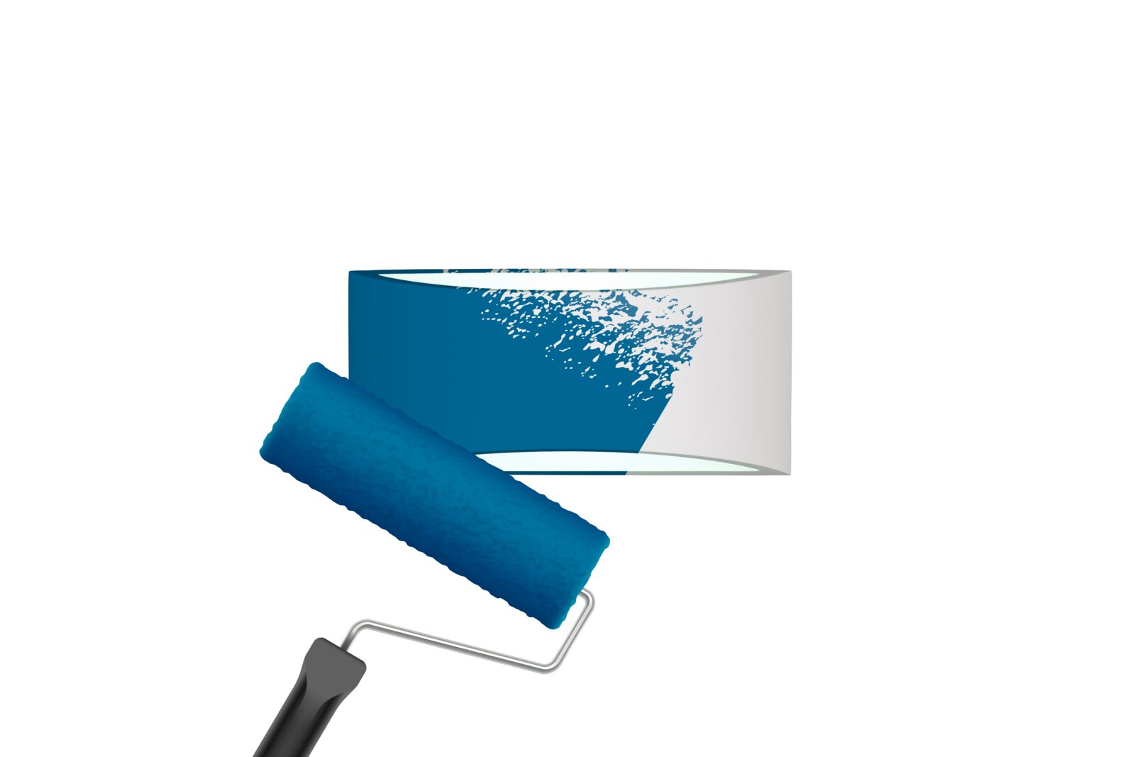 Blaue Farbrolle mit schwarzem Griff vor einer geöffneten Farbdose mit blau-weißer Farbe, freigestellt auf weißem Hintergrund, Perspektive: leicht schräg von vorn/oben