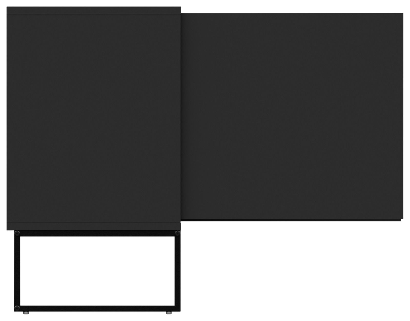 Draufsicht auf ein modernes, schwarzes Sideboard mit minimalistischem Design und Metallgestell.