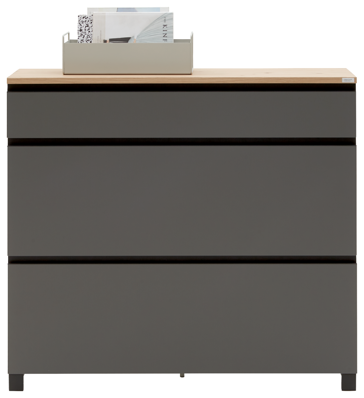 Dieter Knoll Garderoben-Set 3-tlg. SORRENT Frontale Ansicht einer modernen, grauen Kommode mit drei Schubladen und einer Holzoberfläche, auf der ein Zeitschriftenhalter steht.