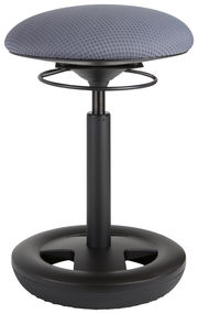 Schwinghocker mit grauem, gepolstertem Sitz und schwarzem Standfuß, seitliche Perspektive
